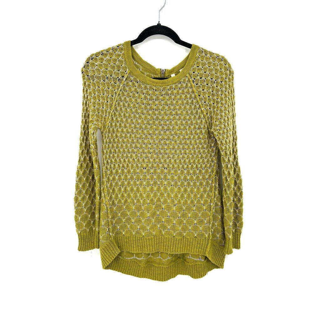 ANTHROPOLOGIE Moth Olive Green Honeycomb Crochet Knit Back Zip Sweater Size XS